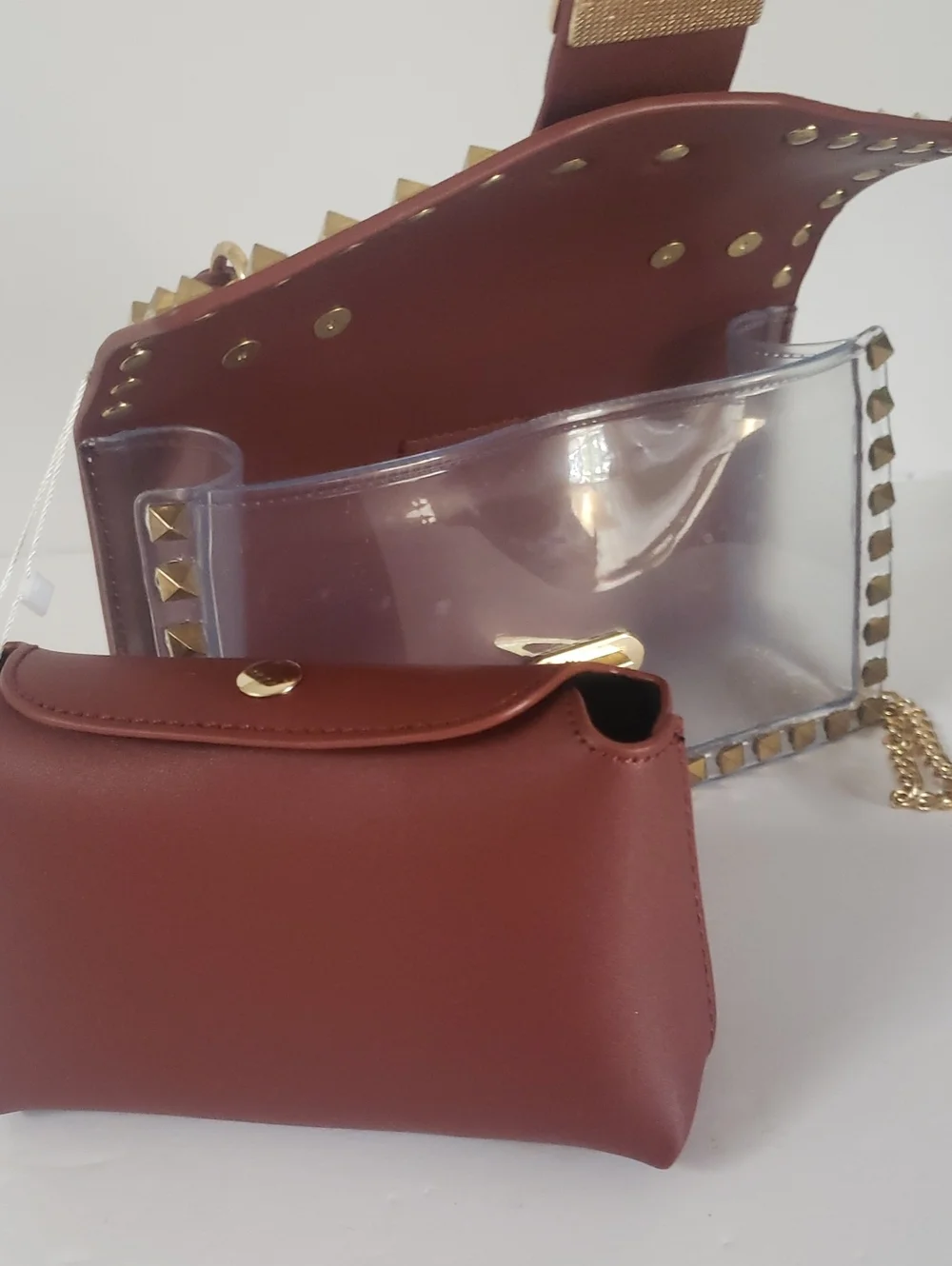Most Wanted NWOT Cognac Brown/Clear Gold Studded Crossbody Handbag